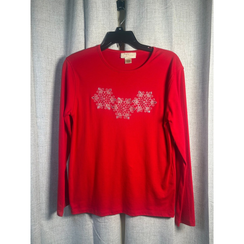 MC Sportswear Womens Red Snowflake Beaded Long Sleeve Top Medium Holiday T-Shirt